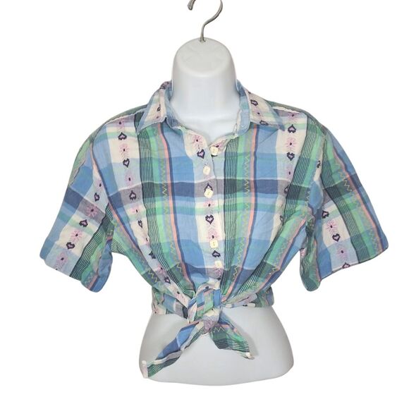 Vintage Tops - Vintage Cabin Creek Blue Plaid Heart Motif Soft Girl Button Front Shirt Medium